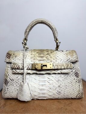 Vintage Python Leather Top Handle Bag Kelly Style Structured Exotic Purse